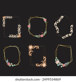 Set of luxury wedding frame element vector illustration. Watercolor leaf branch with golden polygonal frame and brush stroke texture. Design suitable for frame, invitation card, poster, banner.