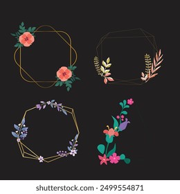 Set of luxury wedding frame element vector illustration. Watercolor leaf branch with golden polygonal frame and brush stroke texture. Design suitable for frame, invitation card, poster, banner.