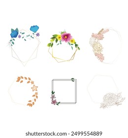 Set of luxury wedding frame element vector illustration. Watercolor leaf branch with golden polygonal frame and brush stroke texture. Design suitable for frame, invitation card, poster, banner.