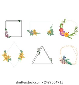 Set of luxury wedding frame element vector illustration. Watercolor leaf branch with golden polygonal frame and brush stroke texture. Design suitable for frame, invitation card, poster, banner.