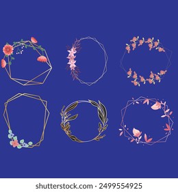 Set of luxury wedding frame element vector illustration. Watercolor leaf branch with golden polygonal frame and brush stroke texture. Design suitable for frame, invitation card, poster, banner.
