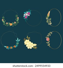 Set of luxury wedding frame element vector illustration. Watercolor leaf branch with golden polygonal frame and brush stroke texture. Design suitable for frame, invitation card, poster, banner.