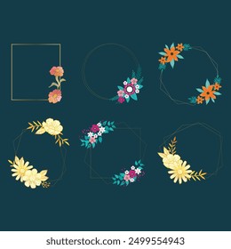 Set of luxury wedding frame element vector illustration. Watercolor leaf branch with golden polygonal frame and brush stroke texture. Design suitable for frame, invitation card, poster, banner.