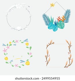 Set of luxury wedding frame element vector illustration. Watercolor leaf branch with golden polygonal frame and brush stroke texture. Design suitable for frame, invitation card, poster, banner.