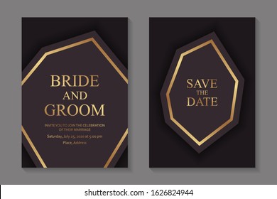 Set of luxury wedding invitation design or greeting card templates with golden lines on a dark geometrical background.