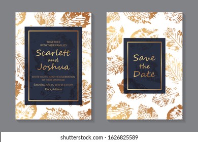 Set of luxury wedding invitation design or greeting card templates with golden leaves prints on a white and navy blue background.