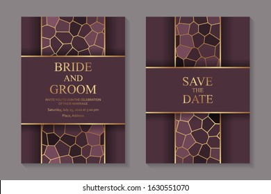 Set of luxury wedding invitation design or greeting card templates with golden lines and mosaic on a pink background.