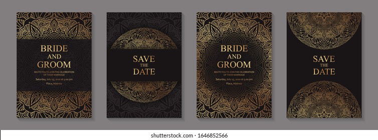 Set of luxury wedding invitation design or greeting card templates with golden mandalas on a black background.