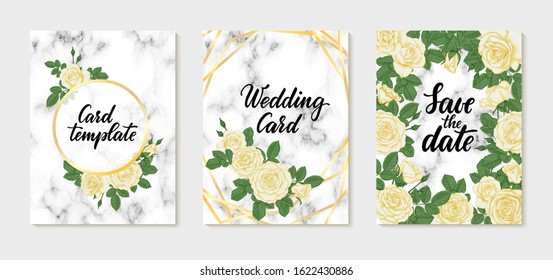 set of Luxury Wedding invitation with gold geometric polygonal lines, marbling texture, white roses. design greeting card of wedding, birthday, Valentine Day, mother day, anniversary holiday