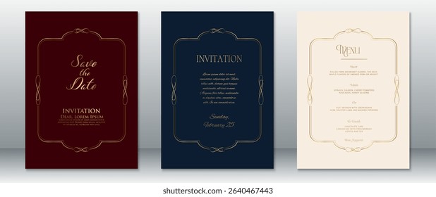 Set of luxury wedding invitation and menu cards with elegant gold frame and calligraphy. Includes burgundy, navy blue, and cream backgrounds for formal and upscale events.