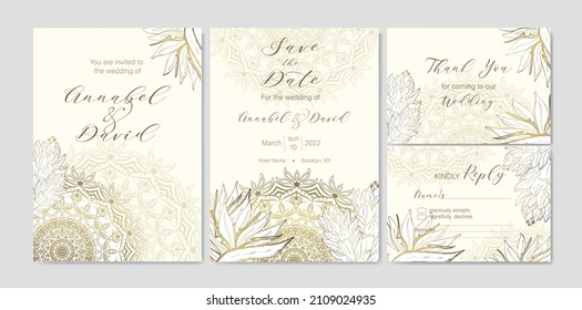 Conjunto de plantillas de invitación para bodas de lujo con hermosas flores tropicales y mandala. Esquema dorado sobre un fondo claro.