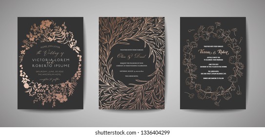 Set of luxury Wedding Save the Date, Invitation Cards Collection with Gold Foil Leaves, Flowers and Wreath. Vector trendy cover, graphic poster, floral brochure, design template