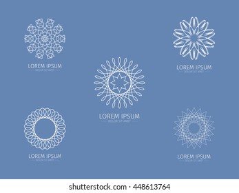 Set of luxury white Logotype. Logo in the shape of a flower. Simple geometric emblem for boutique. Vector sign.