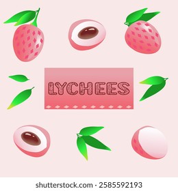 Conjunto de Elementos de diseño de Lychee Fruit with Leaves. Ilustración vectorial plana.