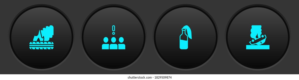 Set Lying burning tires, Crowd protest, Cocktail molotov and Burning car icon. Vector.