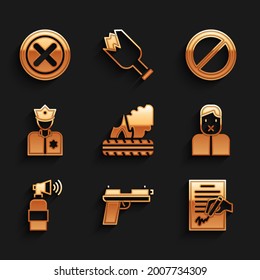 Poner neumáticos ardiendo, Pistol o pistola, Petición, censura y libertad de expresión, cuerno de aire, oficial de policía, Ban y X Mark, icono de círculo cruzado. Vector