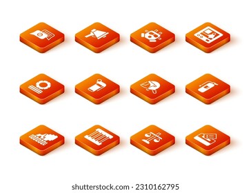 Set Lying burning tires, Prison window, Hand grenade, Scales of justice, Police helmet, Vote box and Fire extinguisher icon. Vector