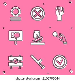 Set Lying burning tires, X Mark, Cross circle, Raised hand with clenched fist, Protest, Burning car, Hooligan shooting stones, Road barrier and Police rubber baton icon. Vector