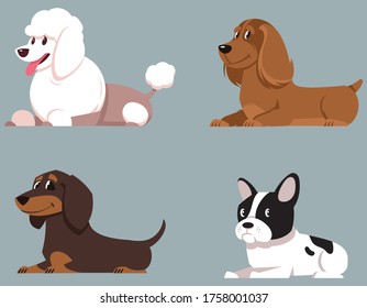 Hunde liegen. Poodle, Cocker Spaniel, Dachshund und French Bulldog im Cartoon-Stil.