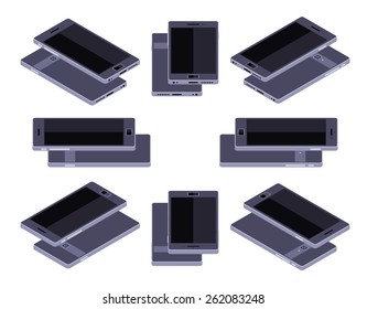 Set of the lying isometric generic black smartphones. The objects are isolated against the white background and shown from different sides