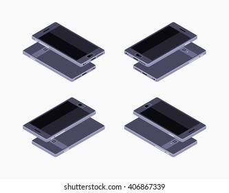 Set of the lying isometric generic black smartphones. The objects are isolated against the white background and shown from different sides