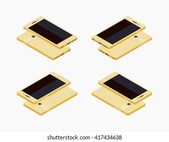 Set of the lying isometric generic golden smartphones. The objects are isolated against the white background and shown from different sides