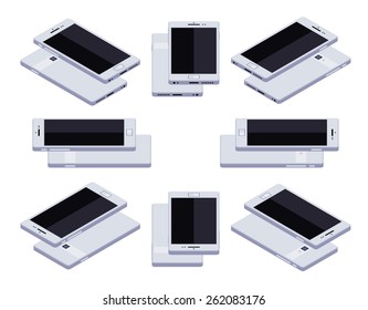 Set of the lying isometric generic white smartphones. The objects are isolated against the white background and shown from different sides