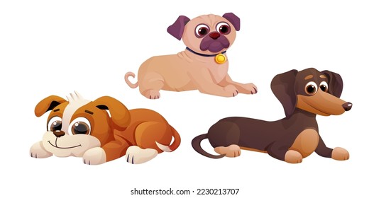 Juego de cachorros tumbados, adorable dachshund,niño de perro de cachorro, mascota con una cola adorable al estilo de las historietas aislada de fondo blanco.Colección Personajes emocionales