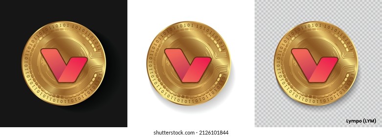 Set of Lympo LYM crypto currency logo symbol vector isolated on white, dark and transparent background. Can be used as golden coin sticker, icon, label, badge, print design and emblem