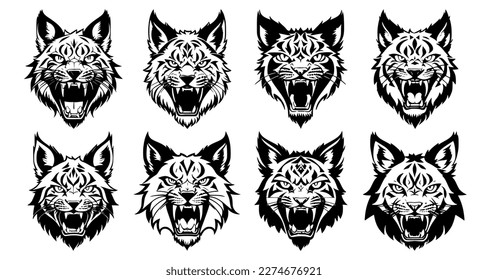 Set of lynx heads with open mouth and bared fangs, with different angry expressions of the muzzle. Symbols for tattoo, emblem or logo, isolated on a white background.