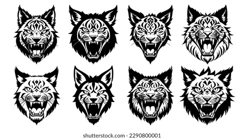 Set of lynx heads with open mouth and bared fangs, with different angry expressions of the muzzle. Symbols for tattoo, emblem or logo, isolated on a white background.