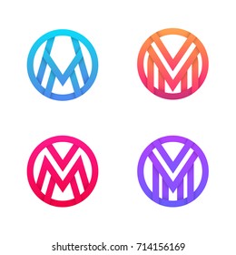 Set of M letter linear icon circle logo signs.
