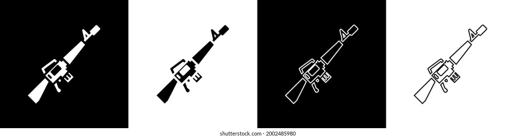 Set M16A1 rifle icon isolated on black and white background. US Army M16 rifle.  Vector
