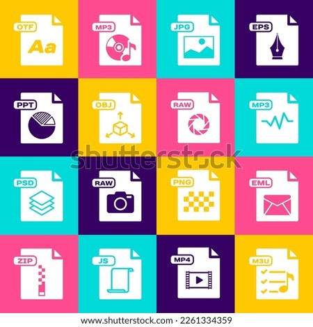Set M3U file document, EML, MP3, JPG, OBJ, PPT, OTF and RAW icon. Vector