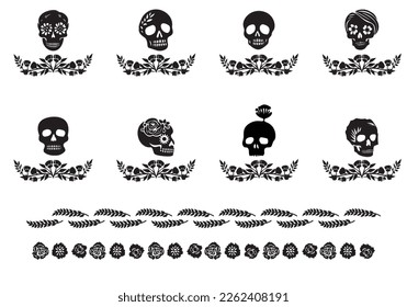 Set of macabre botanical skulls vector motif. Illustration of anatomy skeleton graphic with floral frame. 