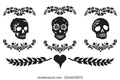 Set of macabre botanical skulls vector motif. Illustration of anatomy skeleton graphic with floral frame. 