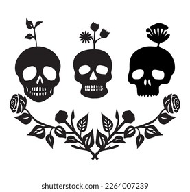 Conjunto de motivos vectores macabros botánicos. Ilustración del esqueleto anatómico con marco floral. 