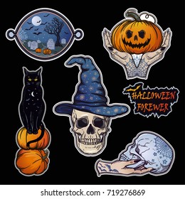 Set of macabre halloween  witchcraft desings, magic, eerie  style classic flash tattoo patches or elements. Set of traditional stickers, pins, badges. Vector collection, sticker kit.
