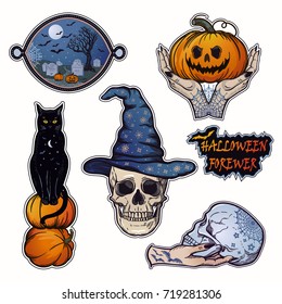 Set of macabre halloween  witchcraft desings, magic, eerie  style classic flash tattoo patches or elements. Set of traditional stickers, pins, badges. Vector collection, sticker kit.
