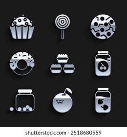 Set Macaron cookie, Apple, Strawberry jam jar, Cherry, Glass with candies inside, Donut, Cookie or biscuit and Cupcake icon. Vector