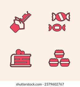 Set Macaron cookie, Bitten chocolate bar, Candy and Piece of cake icon. Vector