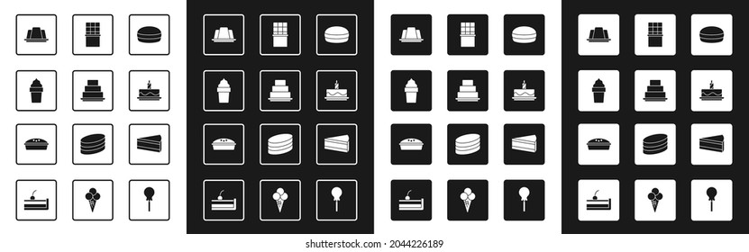 Ponga galleta de Macaron, pastelito, helado en cono de gofre, pastel de gelatina, con velas ardientes, barra de chocolate, trozo de y icono de pastel casero. Vector