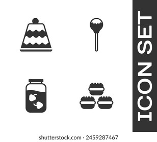 Set Macaron cookie, Cake, Strawberry jam jar and Lollipop icon. Vector