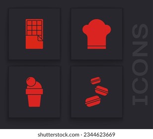 Set Macaron cookie, Chocolate bar, Chef hat and Ice cream icon. Vector