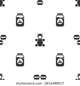 Set Macaron cookie, Jelly bear candy and Cherry jam jar on seamless pattern. Vector