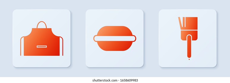 Set Macaron cookie , Kitchen apron  and Kitchen brush . White square button. Vector
