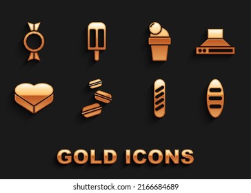 Set Macaron cookie, Kitchen extractor fan, Bread loaf, French baguette bread, Candy in heart shaped box, Ice cream,  and  icon. Vector