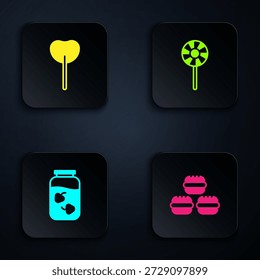 Set Macaron Cookie, Lollipop, Erdbeer Marmelade Glas und . Schwarzer quadratischer Knopf. Vektorgrafik