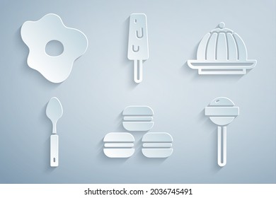Set Macaron cookie, Pudding custard, Spoon, Lollipop, Ice cream and Scrambled eggs icon. Vector