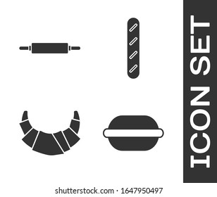 Set Macaron cookie , Rolling pin , Croissant  and French baguette bread  icon. Vector